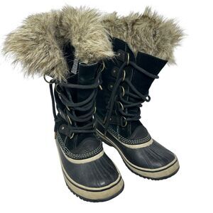 Sorel Black Joan of Arctic Suede and Fur Wool Lined Tall Lace‎ Up Boots 7
